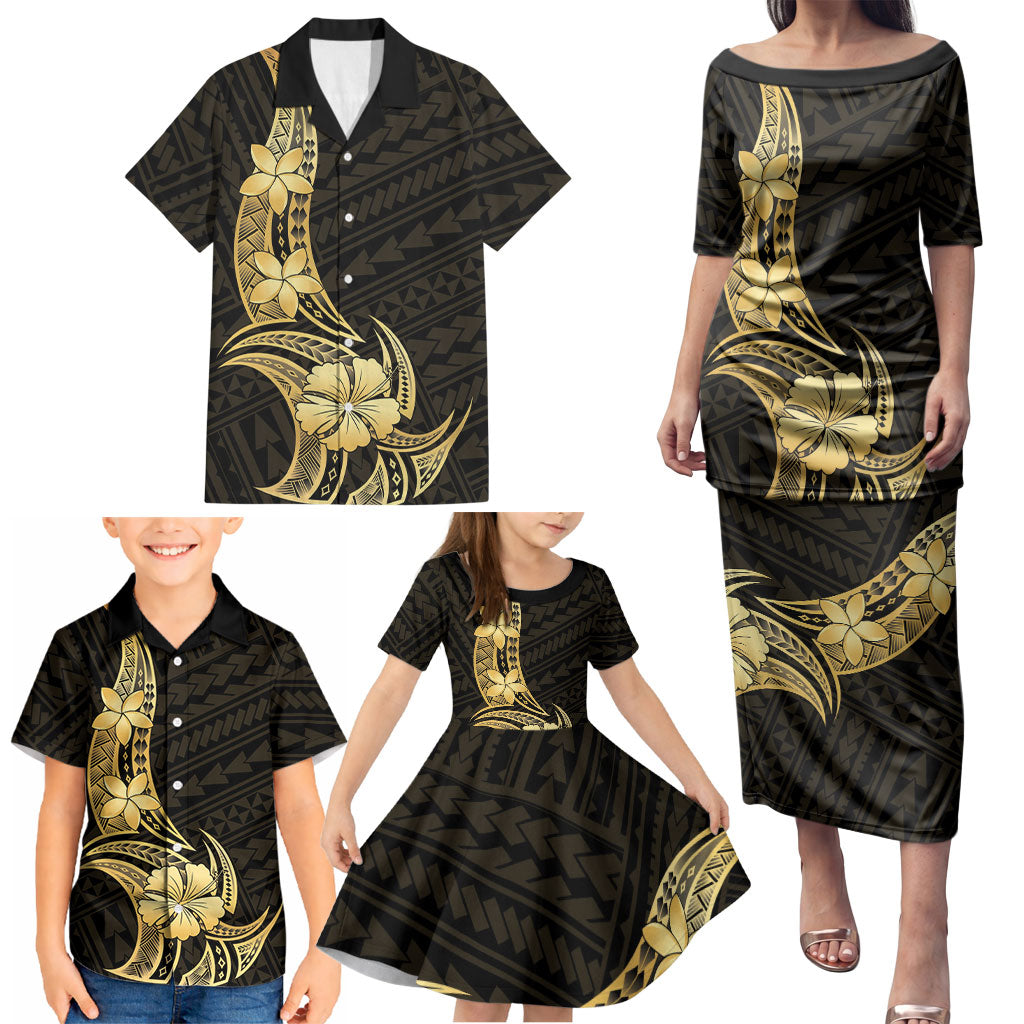 Gold Black Polynesia Hibiscus Plumeria Tattoo Family Matching Puletasi and Hawaiian Shirt