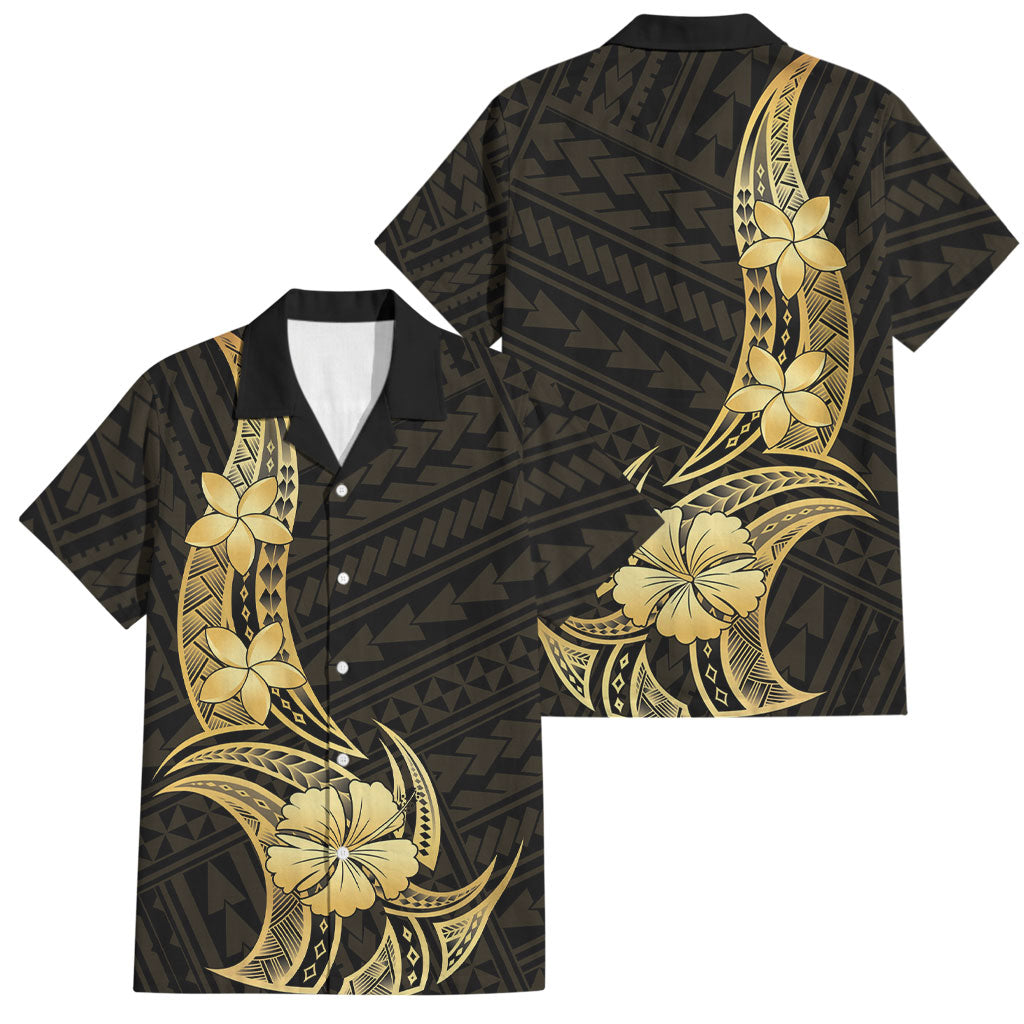 Gold Black Polynesia Hibiscus Plumeria Tattoo Family Matching Puletasi and Hawaiian Shirt
