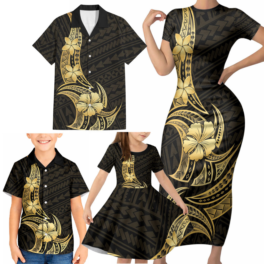 Gold Black Polynesia Hibiscus Plumeria Tattoo Family Matching Short Sleeve Bodycon Dress and Hawaiian Shirt