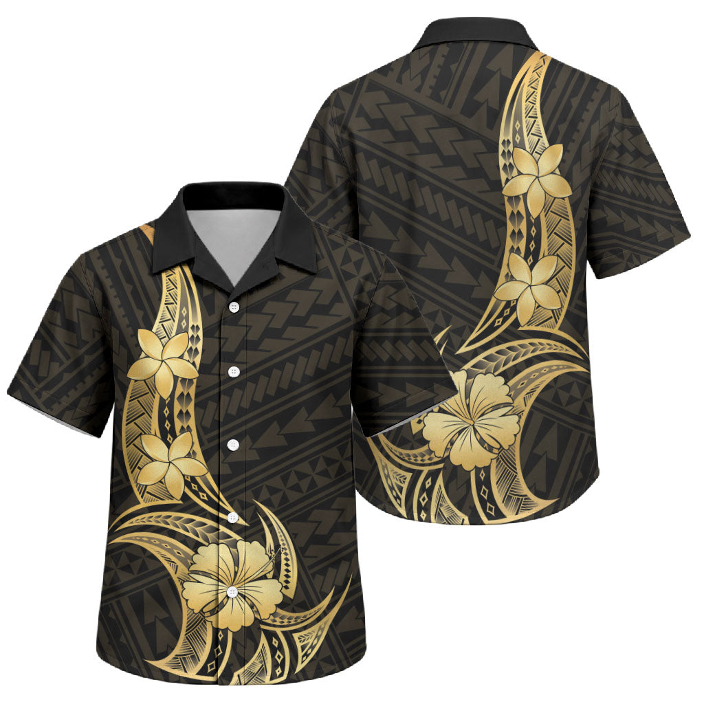 Gold Black Polynesia Hibiscus Plumeria Tattoo Family Matching Short Sleeve Bodycon Dress and Hawaiian Shirt
