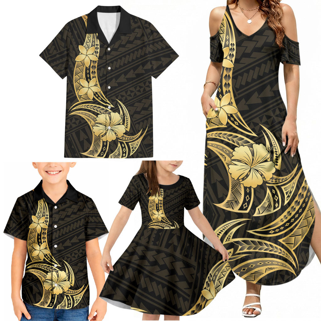 Gold Black Polynesia Hibiscus Plumeria Tattoo Family Matching Summer Maxi Dress and Hawaiian Shirt LT14 - Polynesian Pride