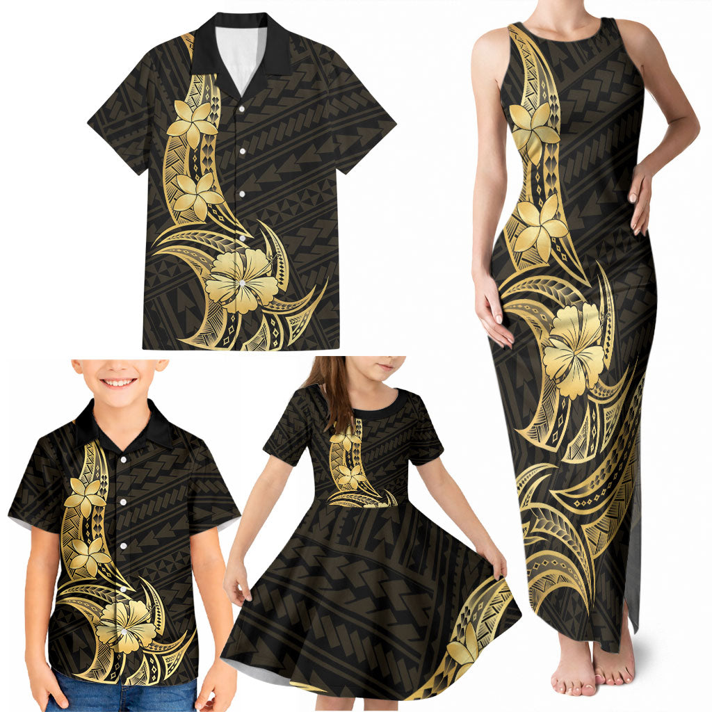 Gold Black Polynesia Hibiscus Plumeria Tattoo Family Matching Tank Maxi Dress and Hawaiian Shirt