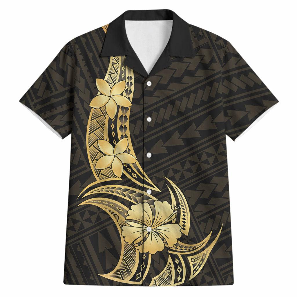 Gold Black Polynesia Hibiscus Plumeria Tattoo Hawaiian Shirt