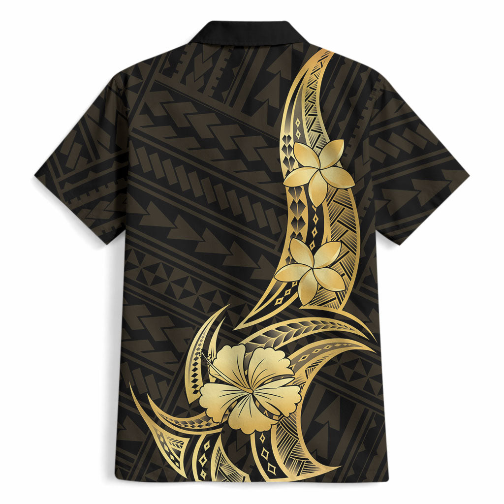 Gold Black Polynesia Hibiscus Plumeria Tattoo Hawaiian Shirt