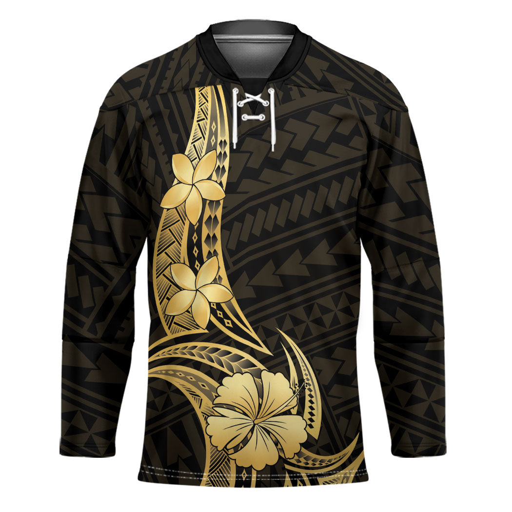 Gold Black Polynesia Hibiscus Plumeria Tattoo Hockey Jersey