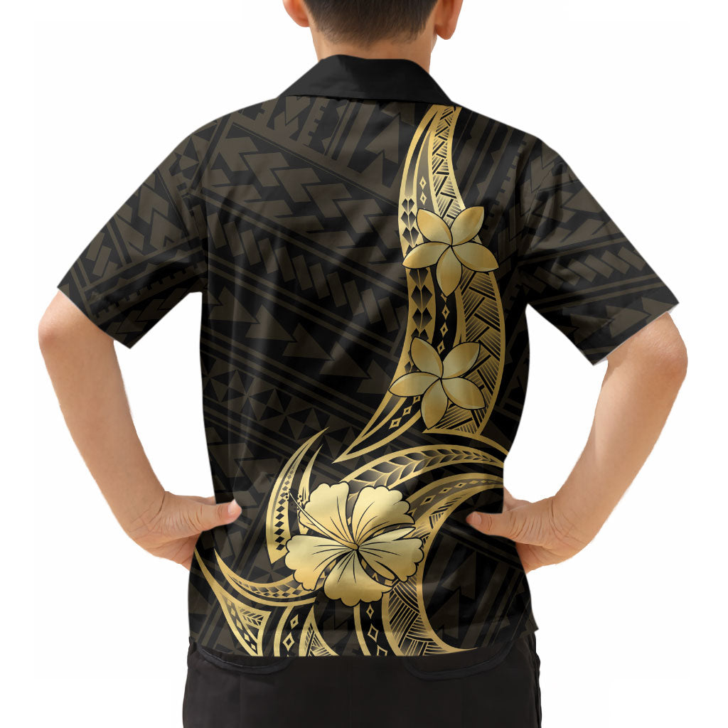 Gold Black Polynesia Hibiscus Plumeria Tattoo Kid Hawaiian Shirt
