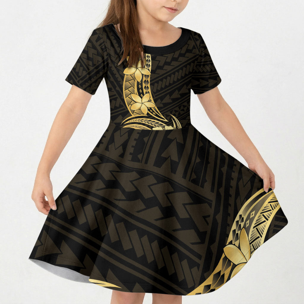 Gold Black Polynesia Hibiscus Plumeria Tattoo Kid Short Sleeve Dress
