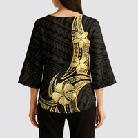Gold Black Polynesia Hibiscus Plumeria Tattoo Kimono Sleeve Blouse