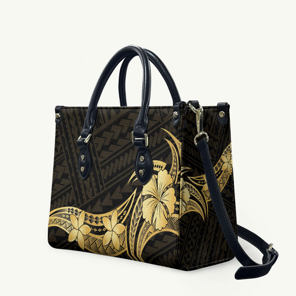 Gold Black Polynesia Hibiscus Plumeria Tattoo Leather Bag
