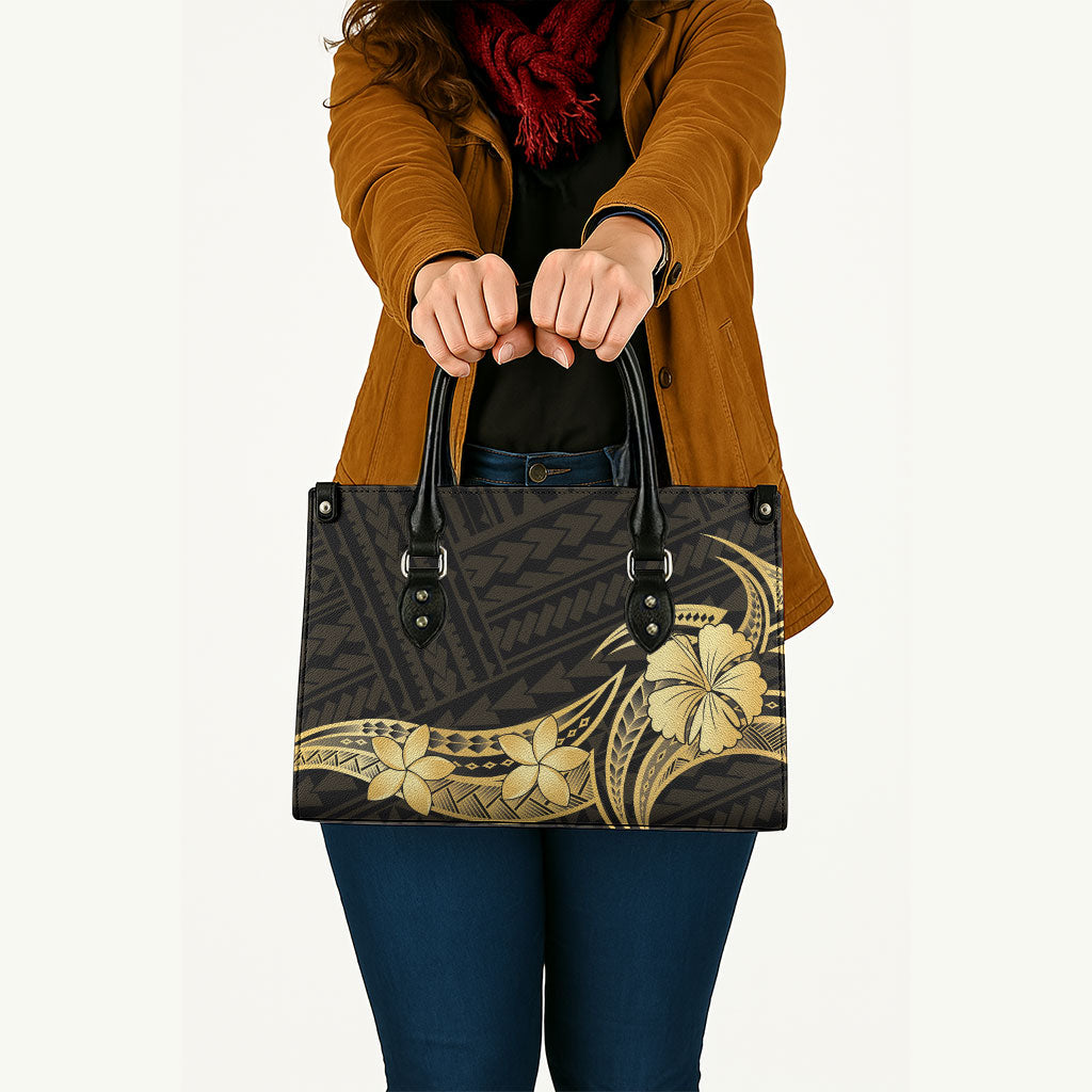 Gold Black Polynesia Hibiscus Plumeria Tattoo Leather Bag
