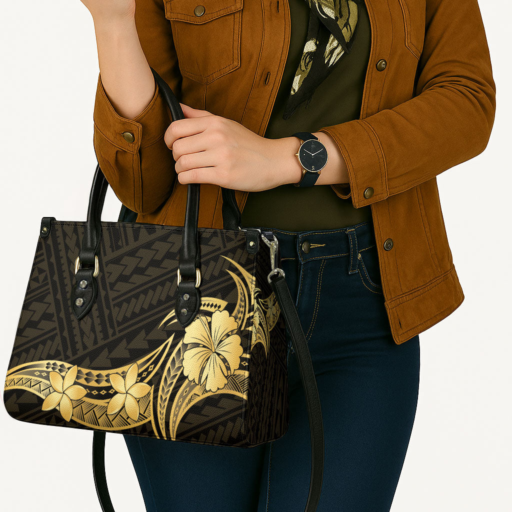 Gold Black Polynesia Hibiscus Plumeria Tattoo Leather Bag