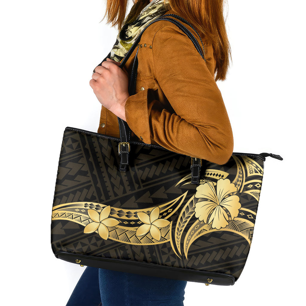 Gold Black Polynesia Hibiscus Plumeria Tattoo Leather Tote Bag