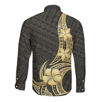 Gold Black Polynesia Hibiscus Plumeria Tattoo Long Sleeve Button Shirt