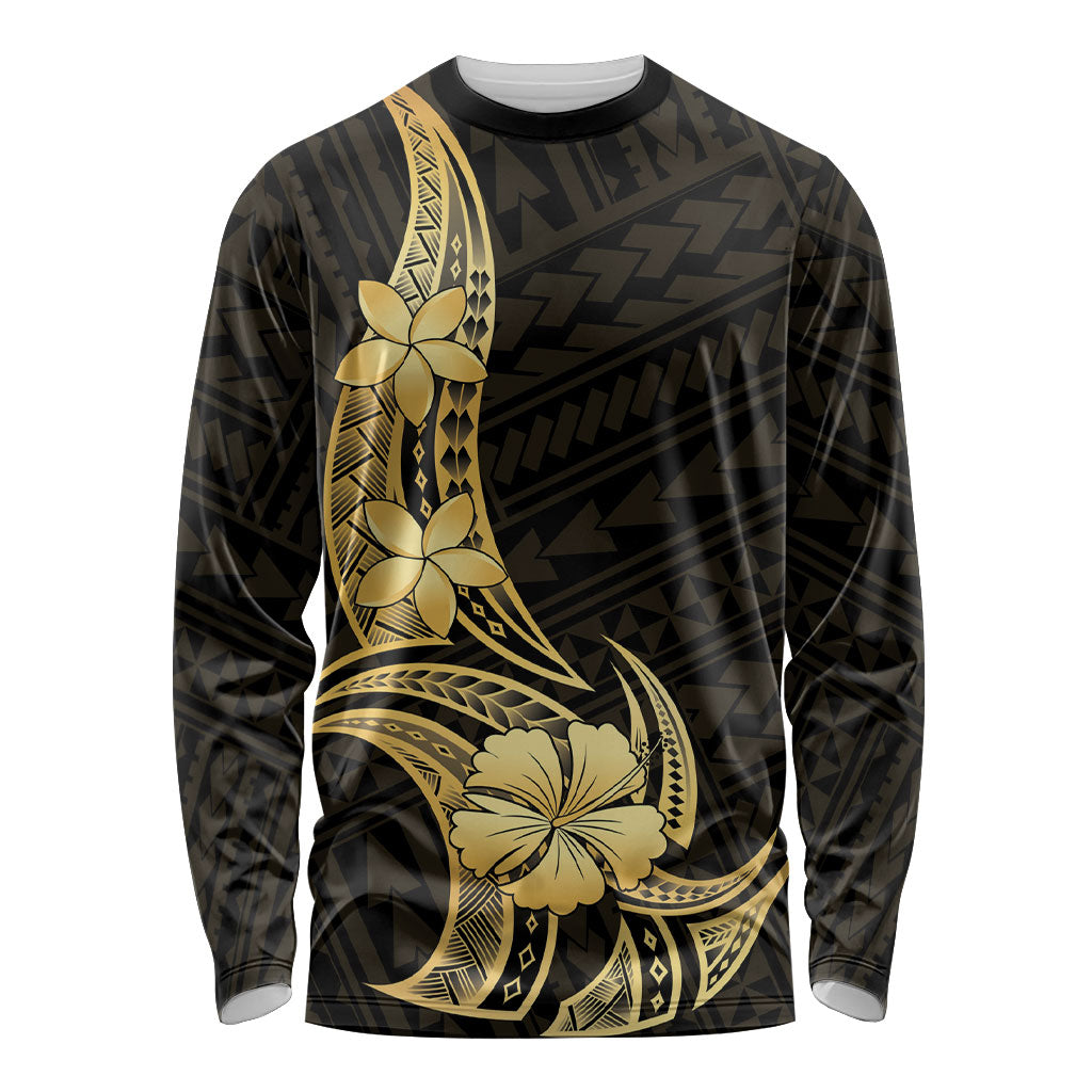 Gold Black Polynesia Hibiscus Plumeria Tattoo Long Sleeve Shirt LT14 Unisex Black - Polynesian Pride