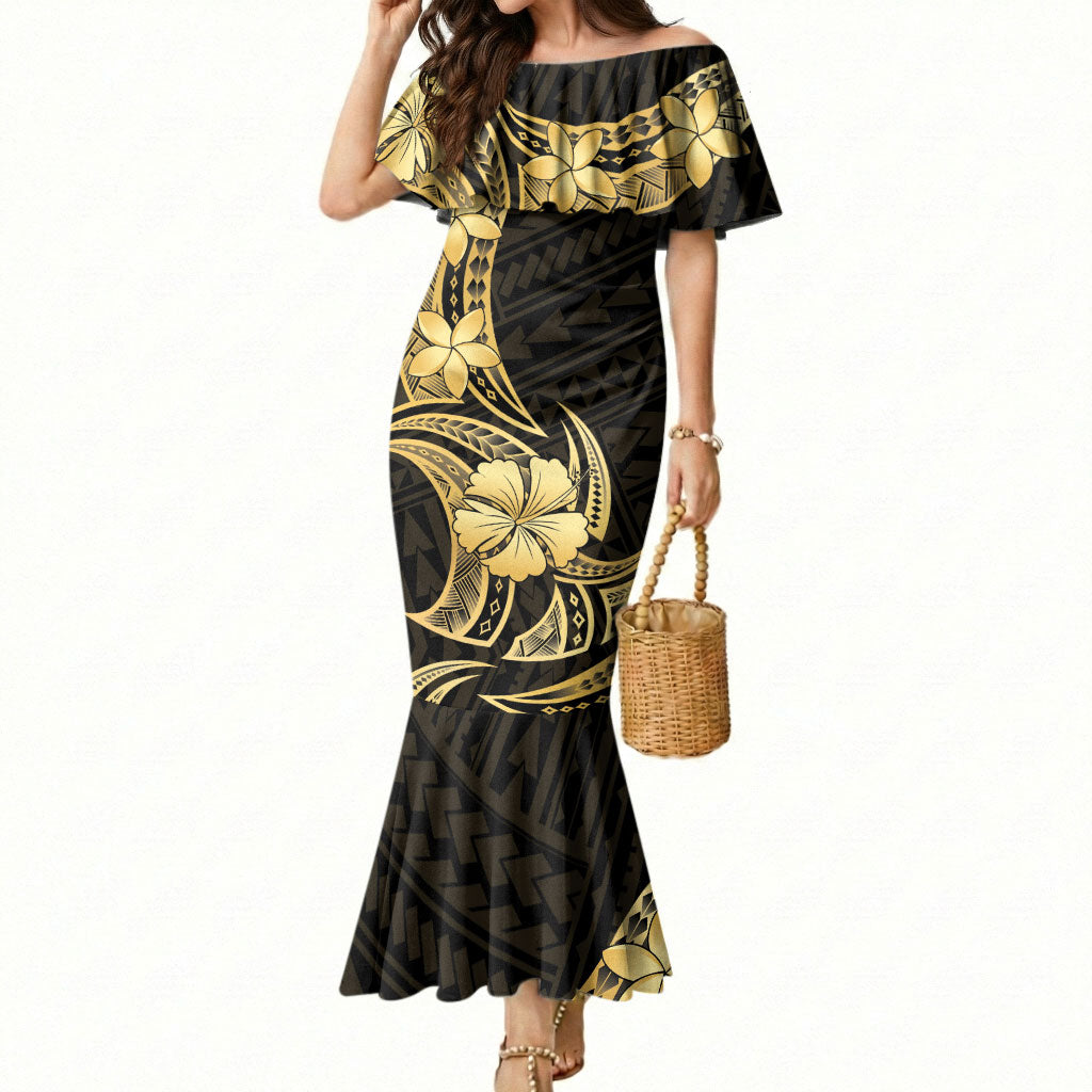 Gold Black Polynesia Hibiscus Plumeria Tattoo Mermaid Dress