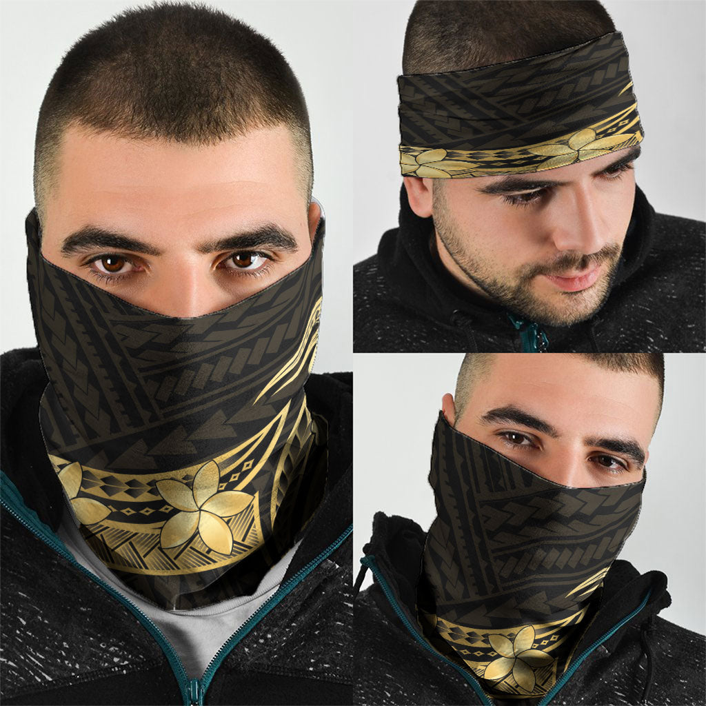 Gold Black Polynesia Hibiscus Plumeria Tattoo Neck Gaiter