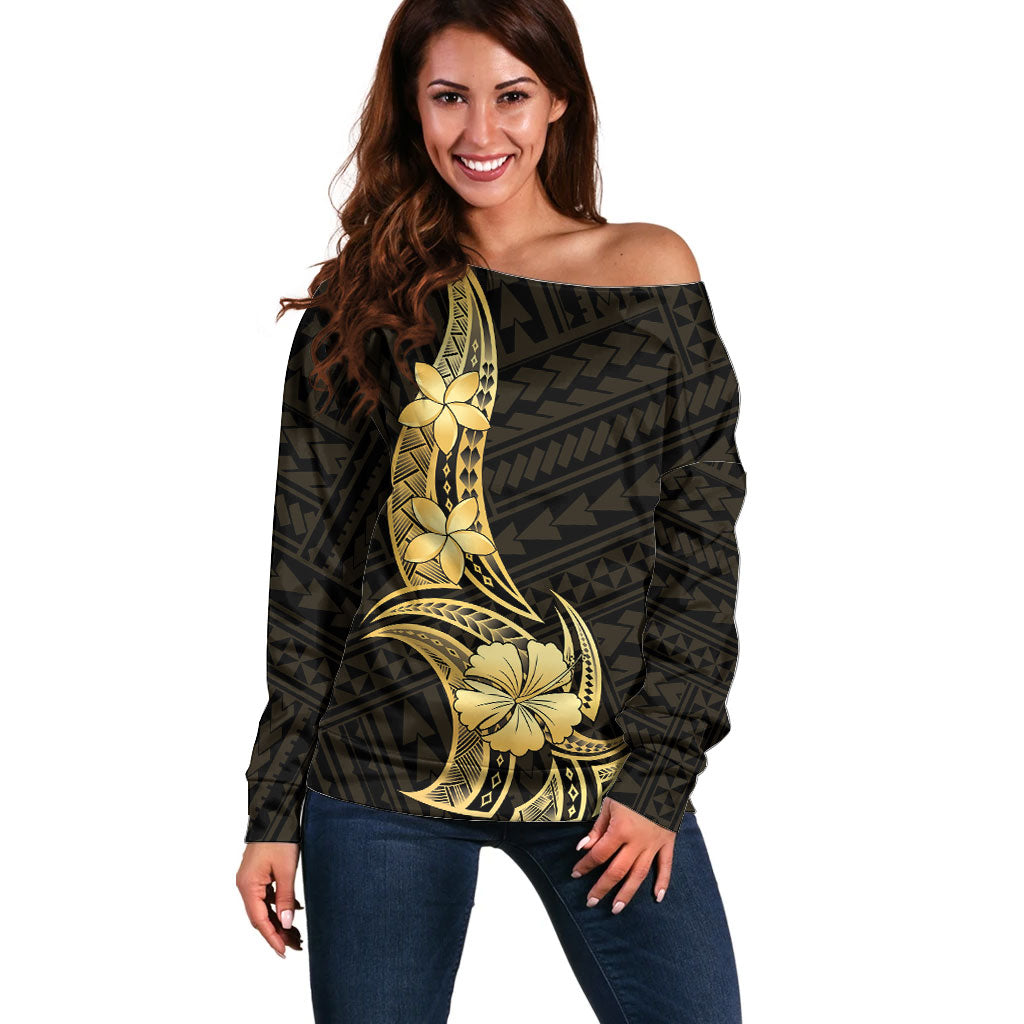 Gold Black Polynesia Hibiscus Plumeria Tattoo Off Shoulder Sweater LT14 Women Black - Polynesian Pride