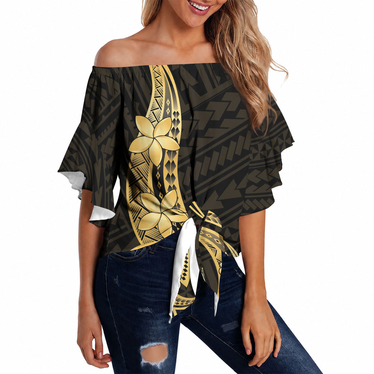 Gold Black Polynesia Hibiscus Plumeria Tattoo Off Shoulder Wrap Waist Top