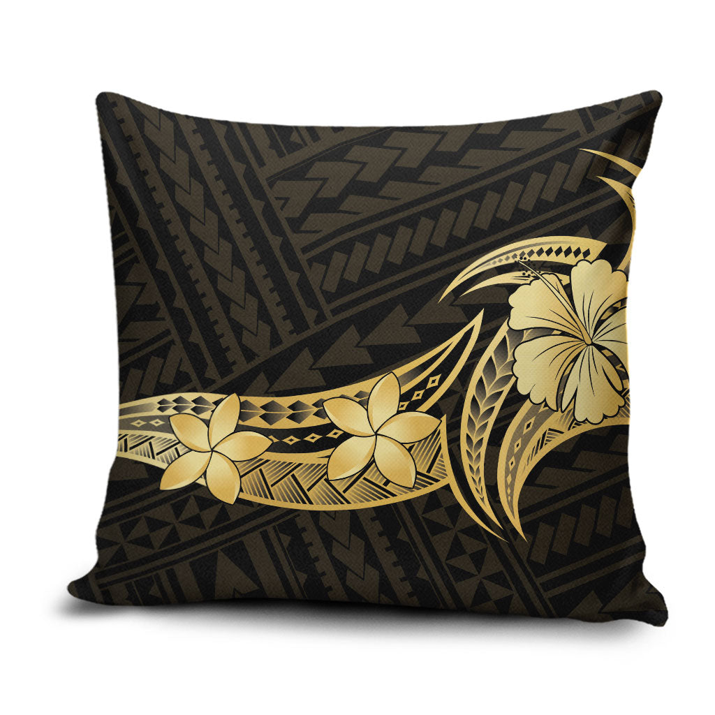 Gold Black Polynesia Hibiscus Plumeria Tattoo Pillow Cover