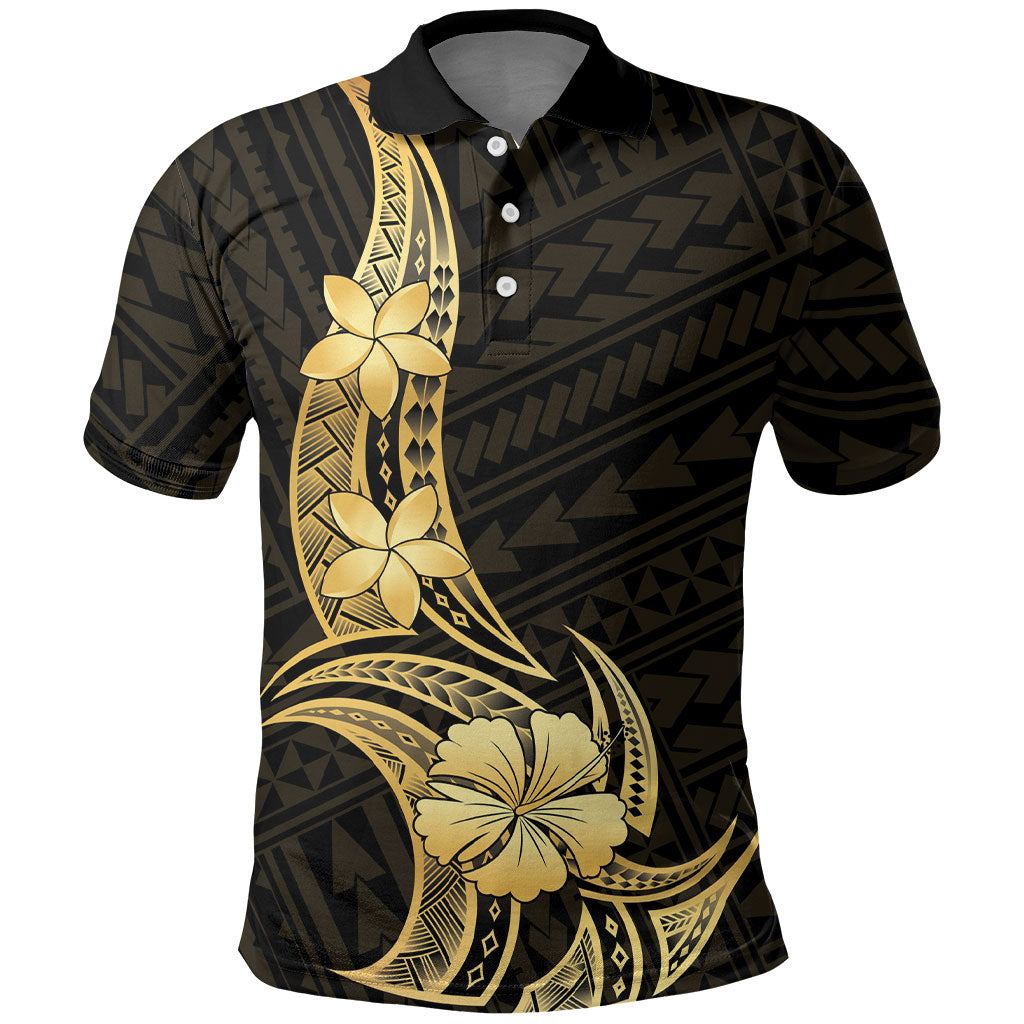 Gold Black Polynesia Hibiscus Plumeria Tattoo Polo Shirt LT14 Black - Polynesian Pride