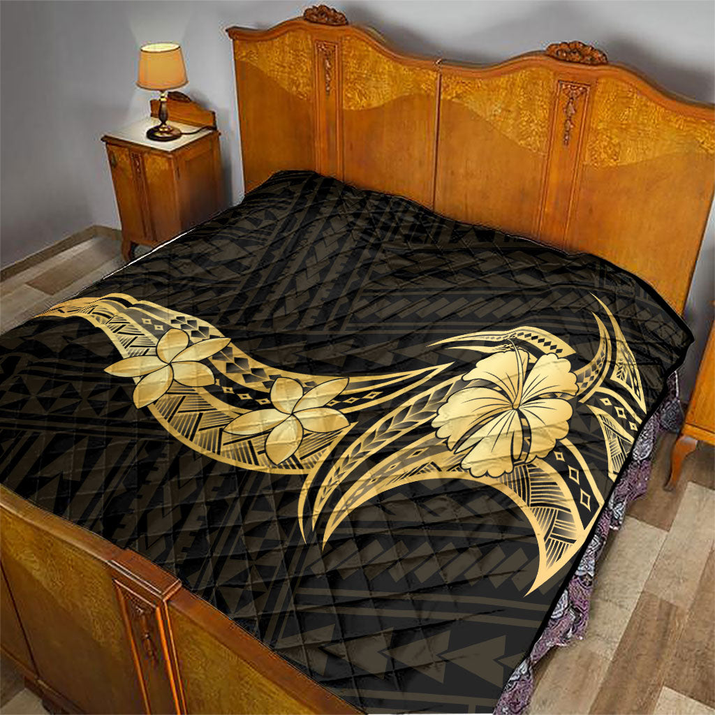 Gold Black Polynesia Hibiscus Plumeria Tattoo Quilt