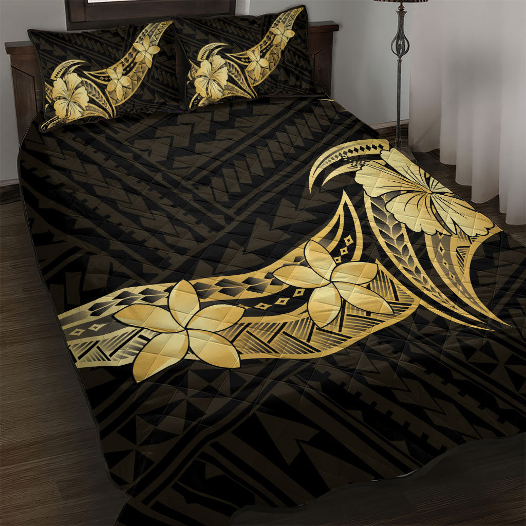Gold Black Polynesia Hibiscus Plumeria Tattoo Quilt Bed Set