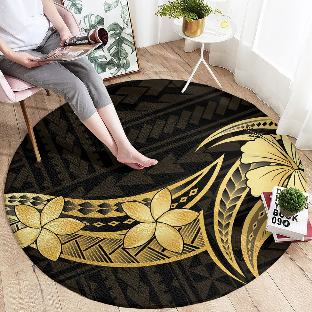 Gold Black Polynesia Hibiscus Plumeria Tattoo Round Carpet