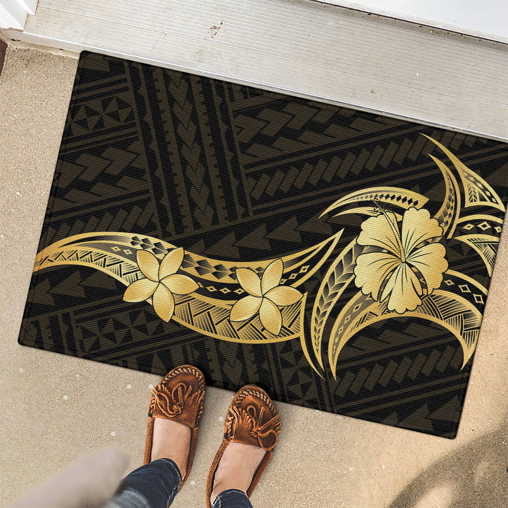 Gold Black Polynesia Hibiscus Plumeria Tattoo Rubber Doormat