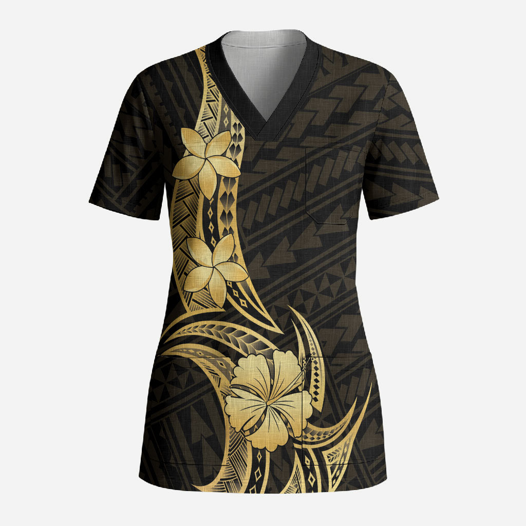Gold Black Polynesia Hibiscus Plumeria Tattoo Scrub Top LT14 Adult Black - Polynesian Pride