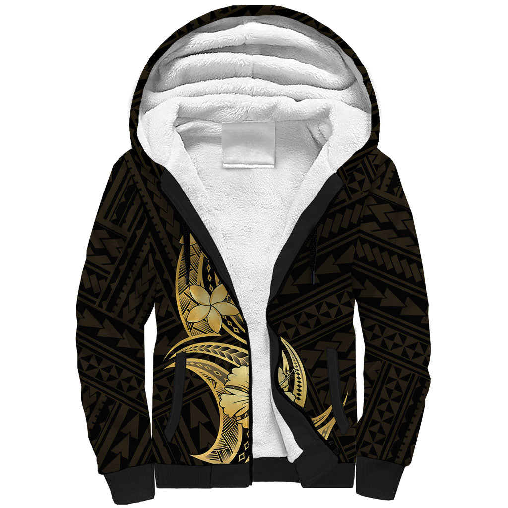 Gold Black Polynesia Hibiscus Plumeria Tattoo Sherpa Hoodie