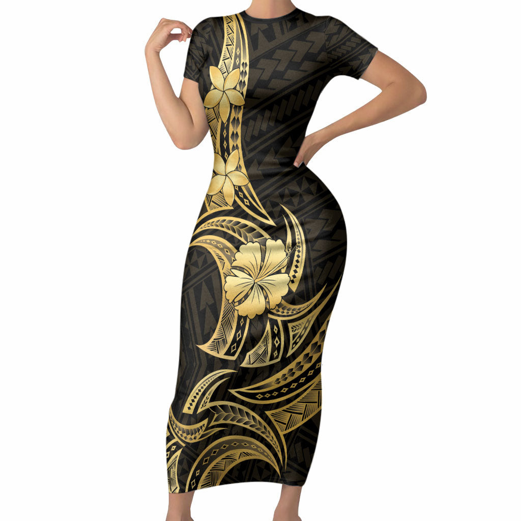Gold Black Polynesia Hibiscus Plumeria Tattoo Short Sleeve Bodycon Dress LT14 Long Dress Black - Polynesian Pride