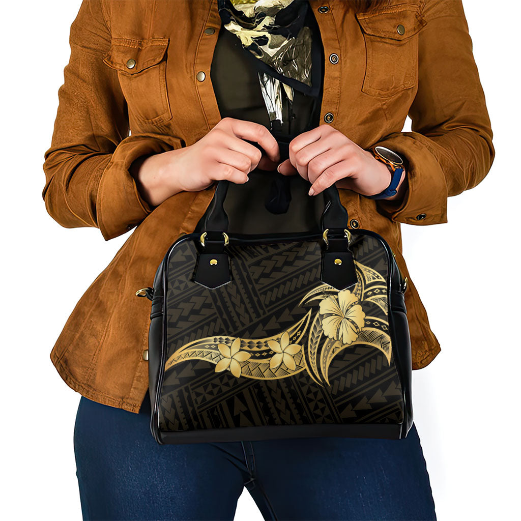 Gold Black Polynesia Hibiscus Plumeria Tattoo Shoulder Handbag