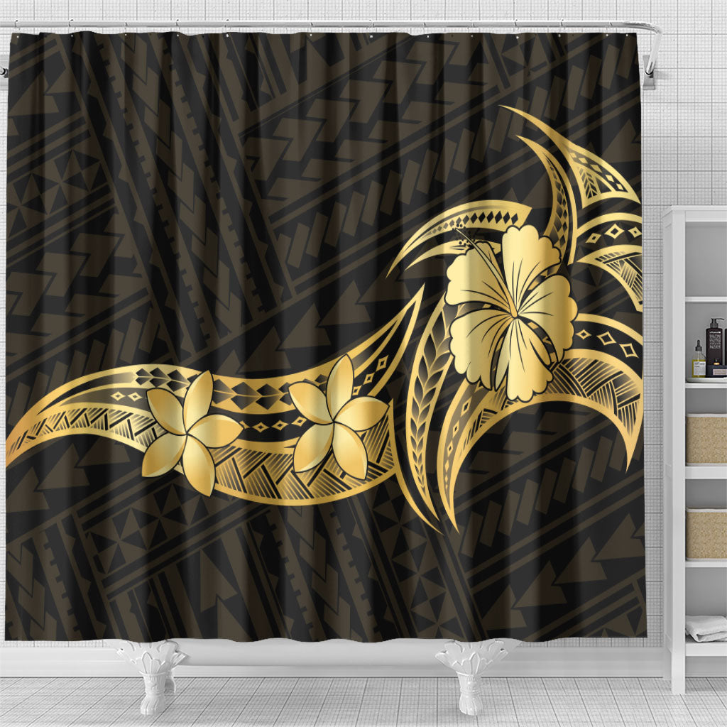 Gold Black Polynesia Hibiscus Plumeria Tattoo Shower Curtain
