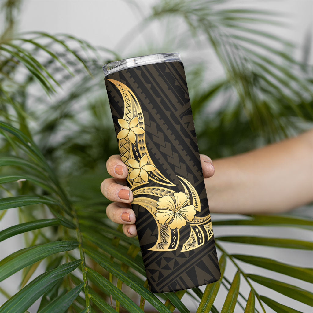 Gold Black Polynesia Hibiscus Plumeria Tattoo Skinny Tumbler