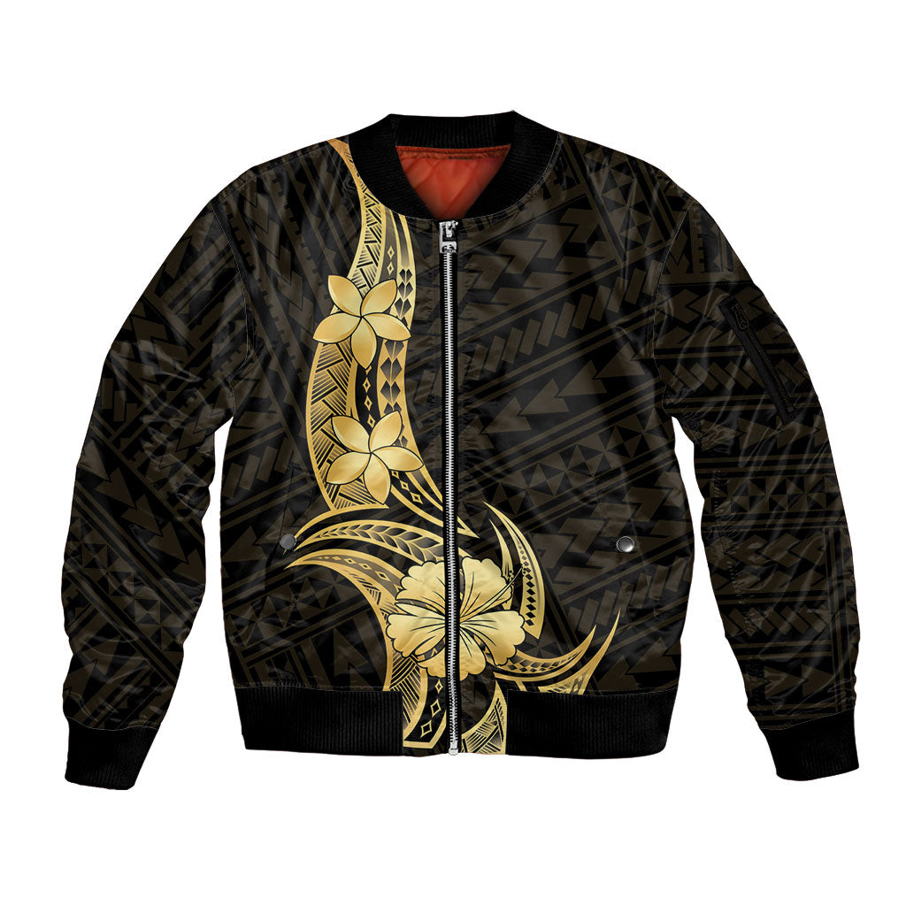 Gold Black Polynesia Hibiscus Plumeria Tattoo Sleeve Zip Bomber Jacket