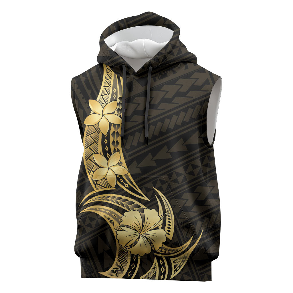 Gold Black Polynesia Hibiscus Plumeria Tattoo Sleeveless Hoodie
