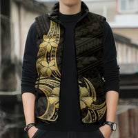 Gold Black Polynesia Hibiscus Plumeria Tattoo Sleeveless Puffer Jacket