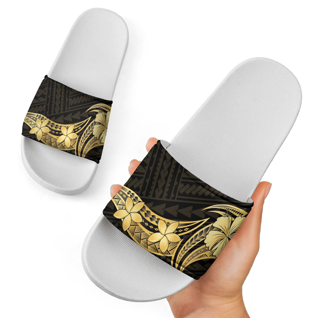 Gold Black Polynesia Hibiscus Plumeria Tattoo Slide Sandals