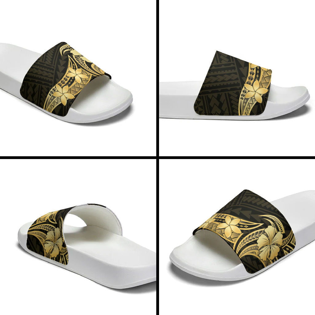 Gold Black Polynesia Hibiscus Plumeria Tattoo Slide Sandals