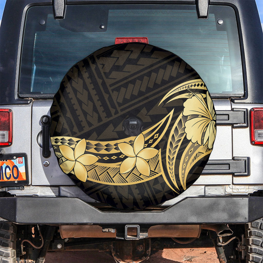 Gold Black Polynesia Hibiscus Plumeria Tattoo Spare Tire Cover