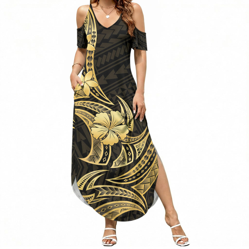 Gold Black Polynesia Hibiscus Plumeria Tattoo Summer Maxi Dress LT14 Women Black - Polynesian Pride
