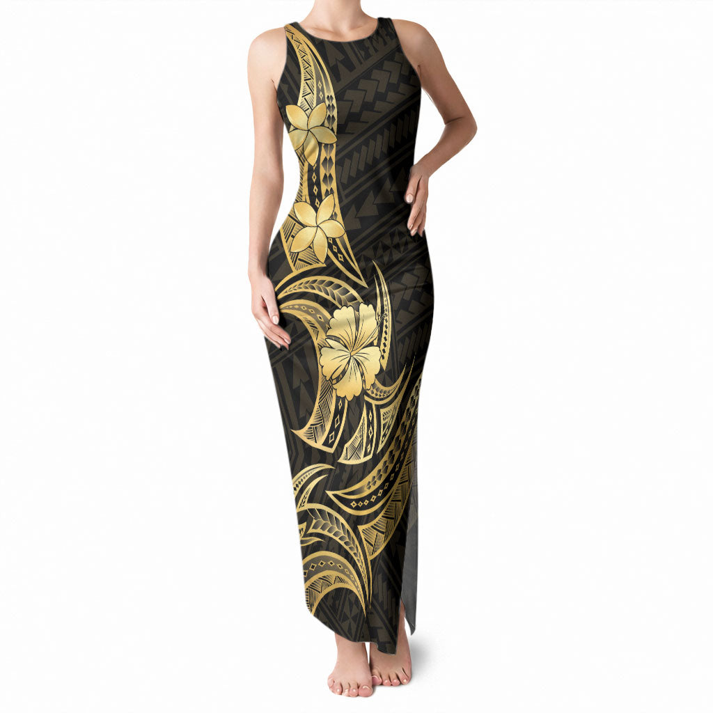 Gold Black Polynesia Hibiscus Plumeria Tattoo Tank Maxi Dress