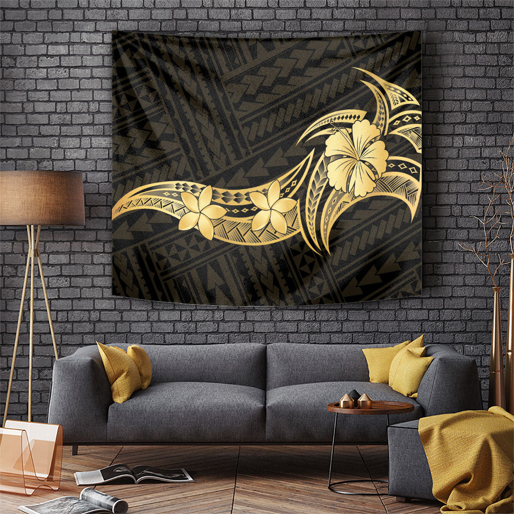 Gold Black Polynesia Hibiscus Plumeria Tattoo Tapestry LT14 Black - Polynesian Pride