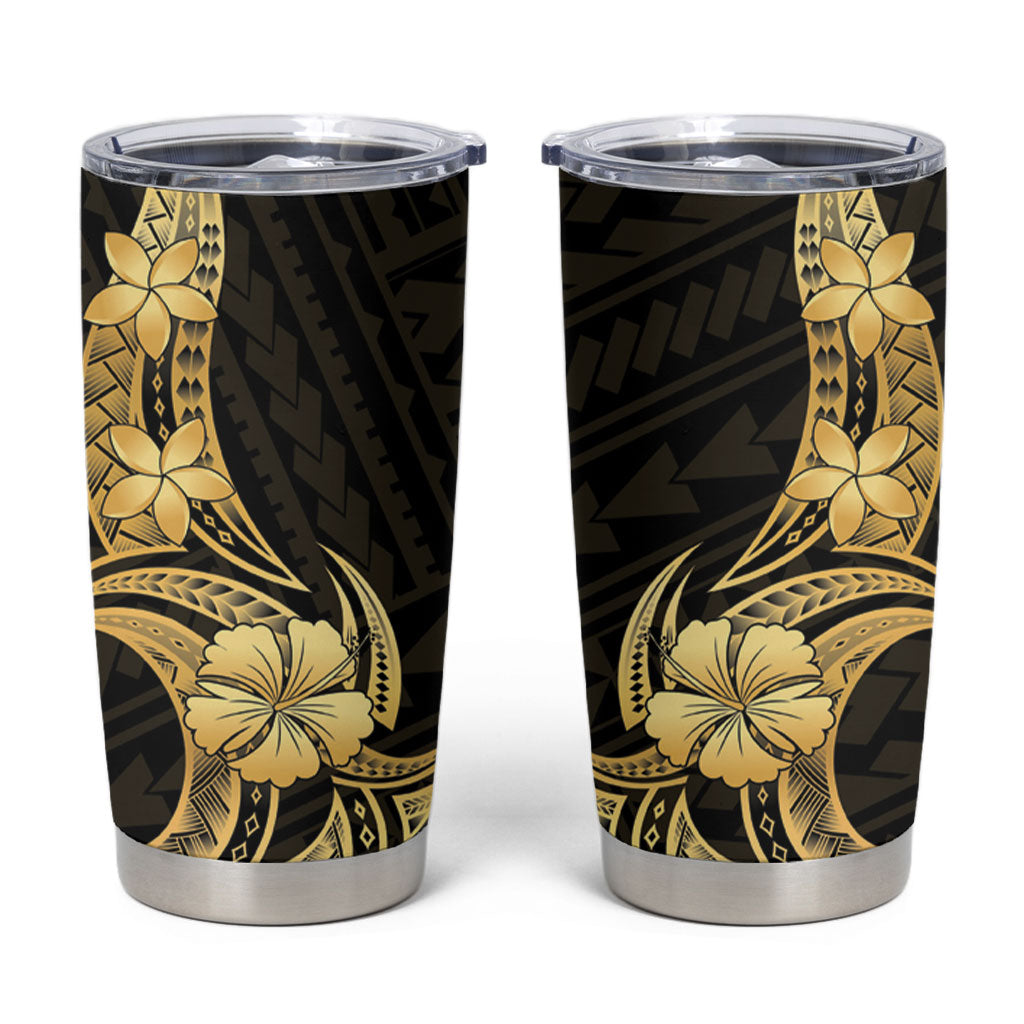 Gold Black Polynesia Hibiscus Plumeria Tattoo Tumbler Cup