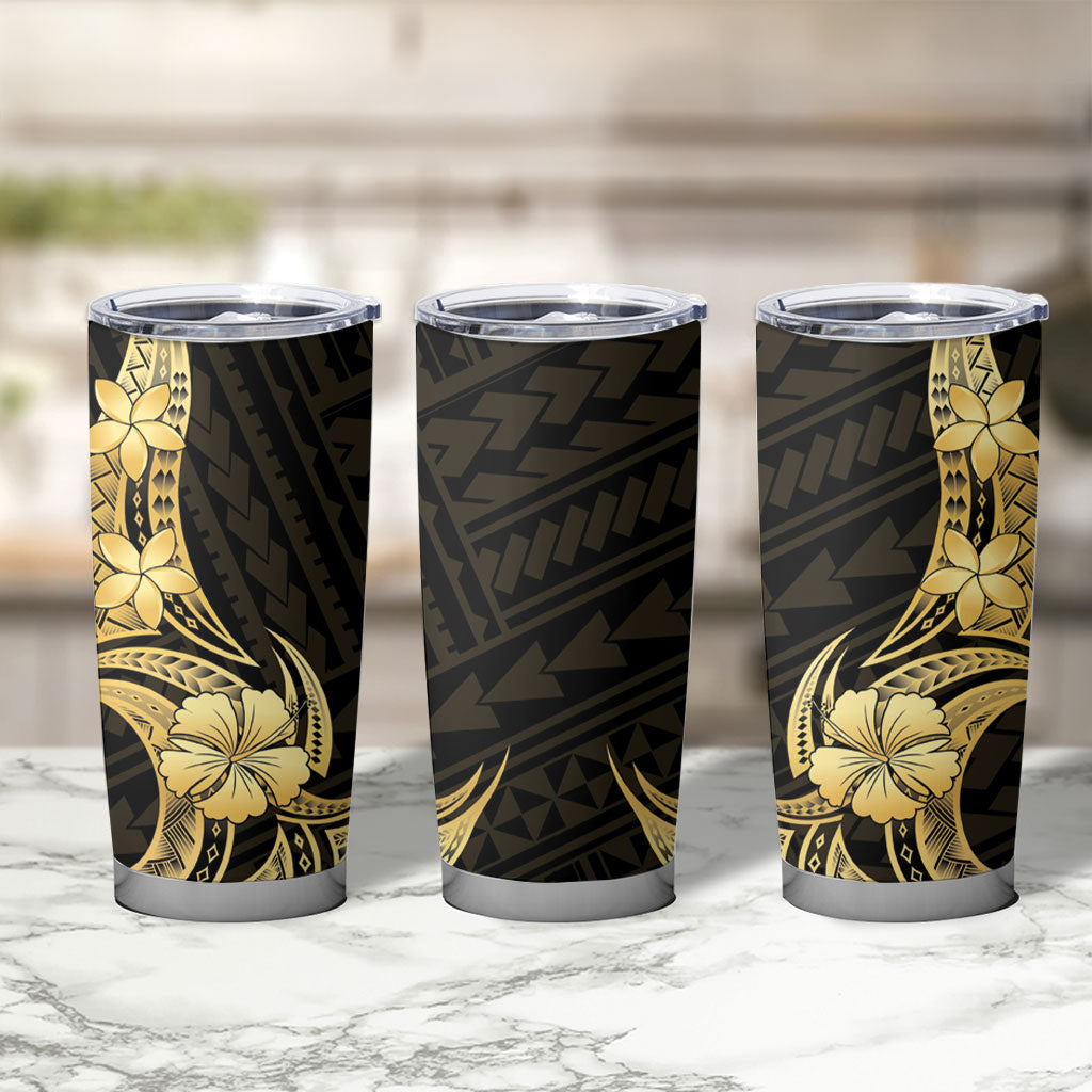Gold Black Polynesia Hibiscus Plumeria Tattoo Tumbler Cup