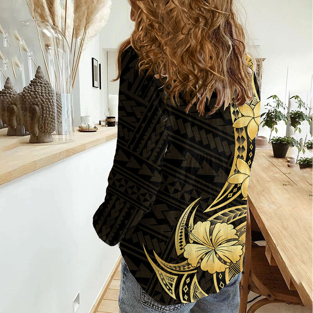 Gold Black Polynesia Hibiscus Plumeria Tattoo Women Casual Shirt