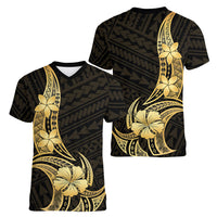Gold Black Polynesia Hibiscus Plumeria Tattoo Women V-Neck T-Shirt