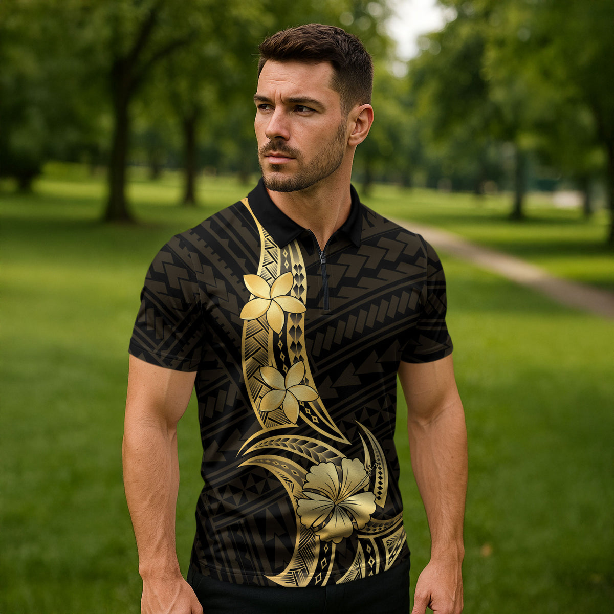 Gold Black Polynesia Hibiscus Plumeria Tattoo Zipper Polo Shirt