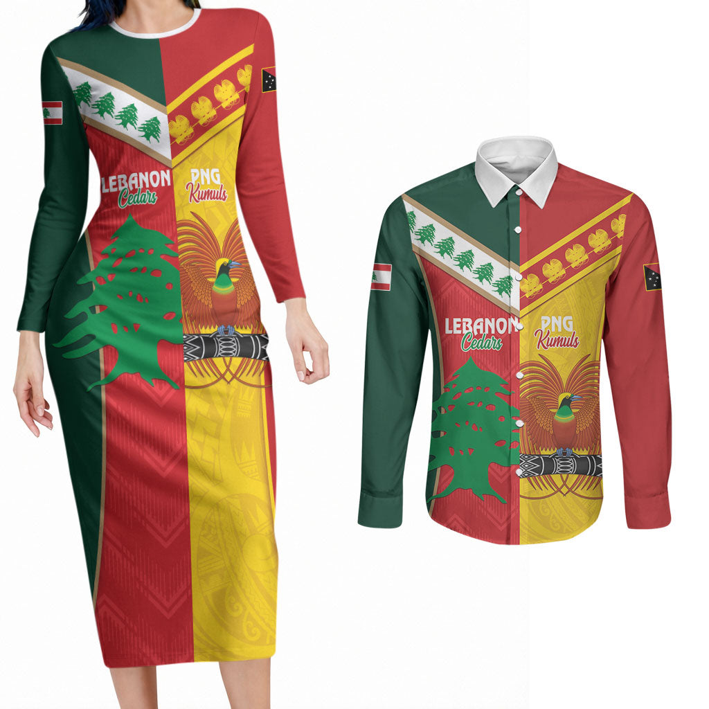 Custom Rugby Papua New Guinea and Lebanon Couples Matching Long Sleeve Bodycon Dress and Long Sleeve Button Shirt PNG Kumuls Cedars Together