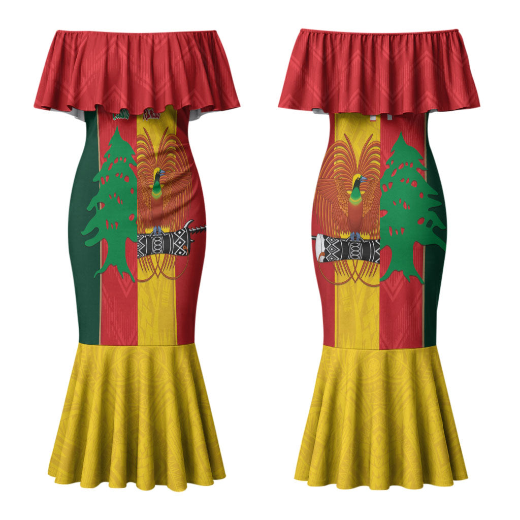Custom Rugby Papua New Guinea and Lebanon Couples Matching Mermaid Dress and Long Sleeve Button Shirt PNG Kumuls Cedars Together
